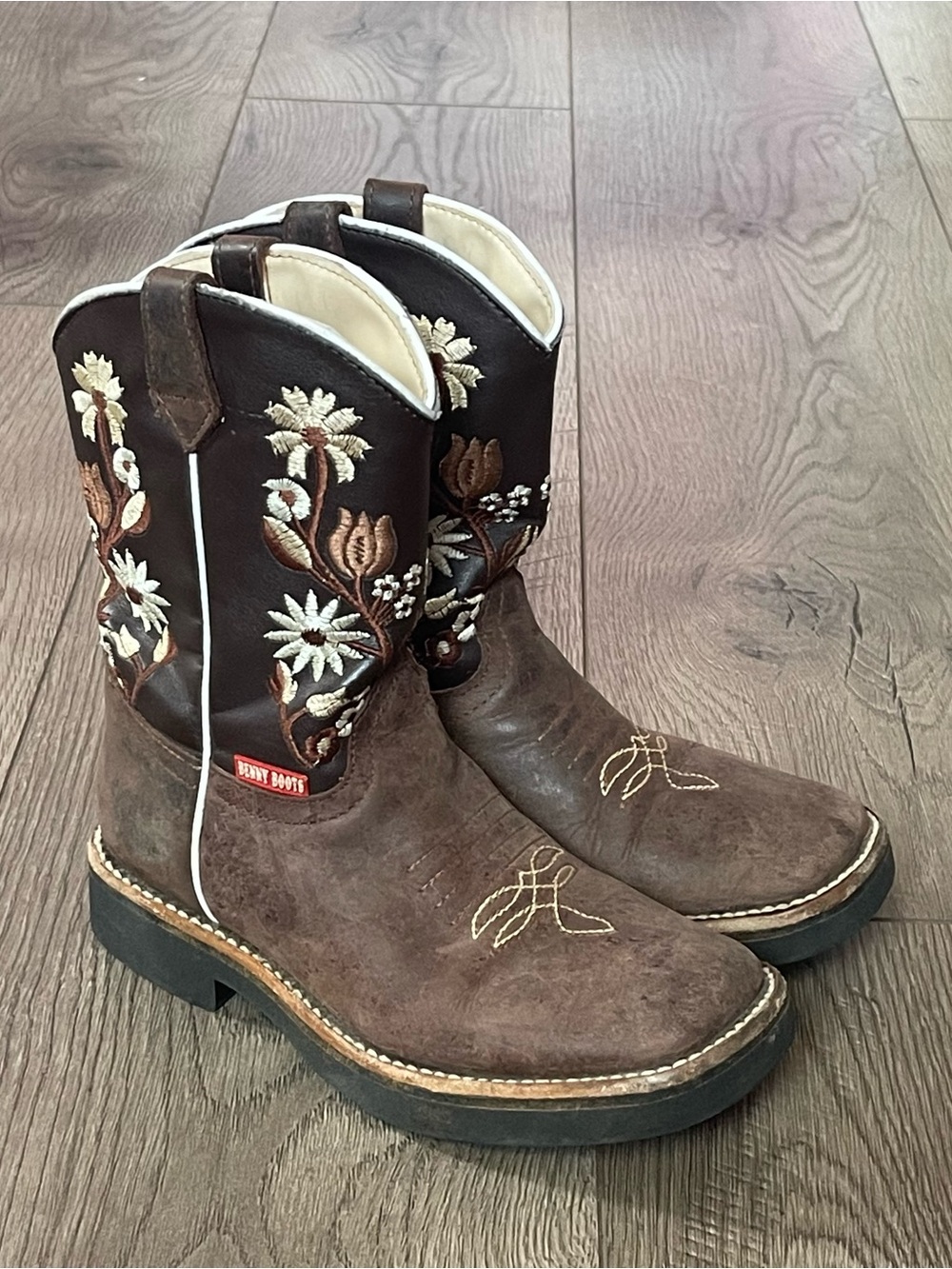 Benny Boots Girls Floral Embroidered Brown Leather Western Cowboy Boots